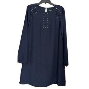 JESSICA SIMPSON rich navy blue shift dress, size 12, lace and gold tone studs.